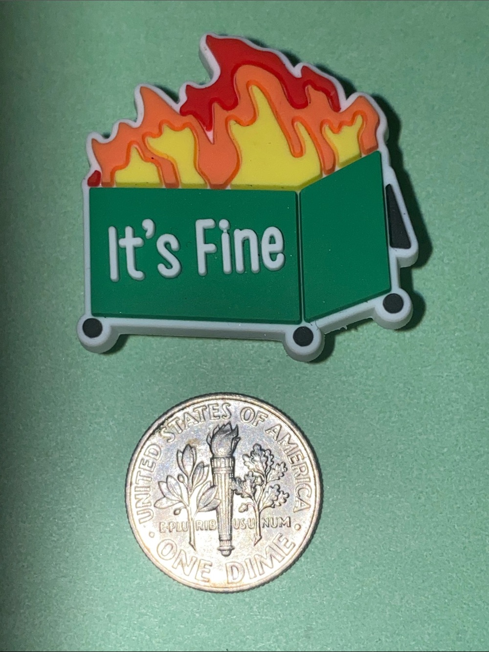 (10 for $15) Trash Dumpster on fire. Statement "It's Fine" Crocs Shoe Charms